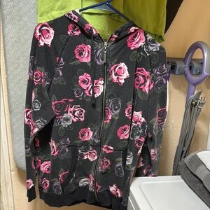 Betsey Johnson Black and Pink Floral Hooded Jacket